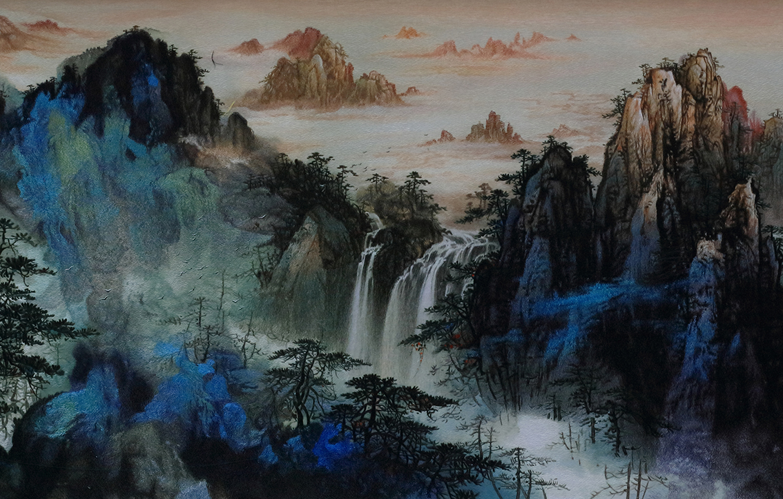 扬州市礼好一然绣研究院苏绣《万壑松云映朝晖》：乱针绣工艺的巅峰之作